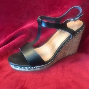Black Wedge Sandals with Cork Platform - Women